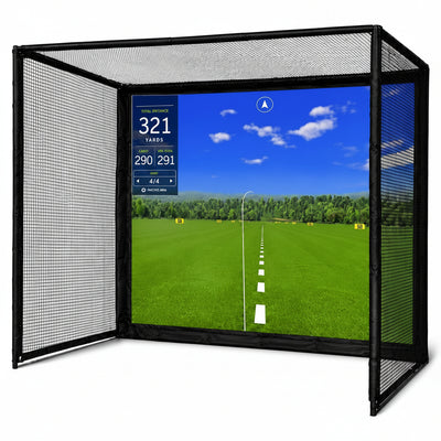 Golf Simulator Enclosure Designed for Indoor Practice, 10x8 Ft Steel Frame, HD Impact Screen, Foam Padding