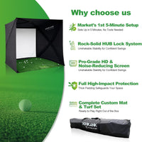 Golf Simulator Enclosure for Home Instant Quick and Easy Tool-Free Setup in 5 Mins Golf Hittig Cage - Complete Set with Heavy Duty Frame,Hd Impact Screen and Putting Green Turf (8X8 Ft)