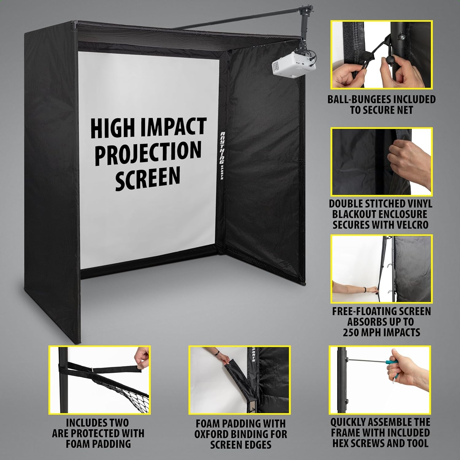 Complete Golf Simulator Enclosure Package – 4K-Ready Impact Screen with Blackout Cage, Projector Mount, Frame Poles, Side Shank Nets | Indoor & Garage Practice | Easy Setup | 12-Month Warranty
