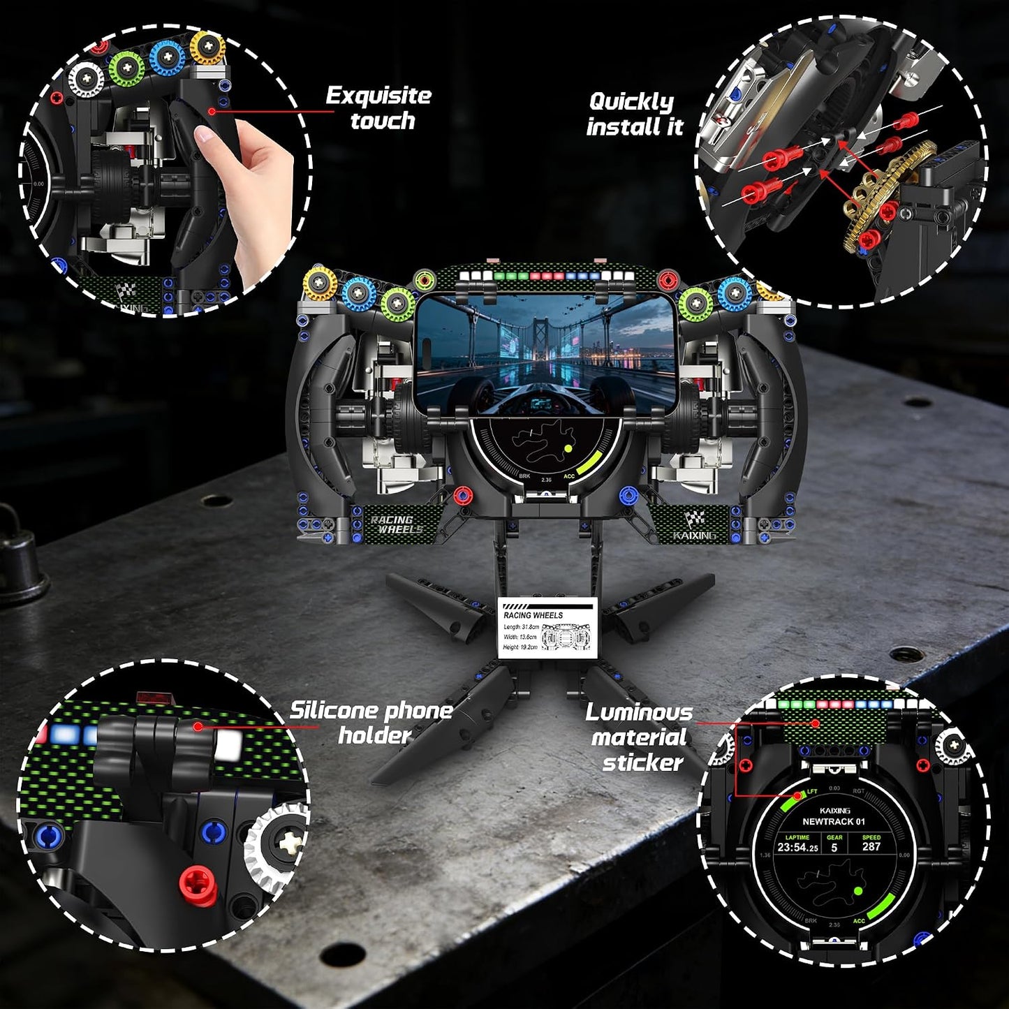 Racing Simulator Steering Wheel Building Set, Mechanical Formula Sim Cars Driving Collectible Model Kit with Moving Parts & Phone Holder for Boys 14+ Adults (Style 4)