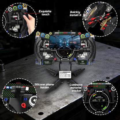 Racing Simulator Steering Wheel Building Set, Mechanical Formula Sim Cars Driving Collectible Model Kit with Moving Parts & Phone Holder for Boys 14+ Adults (Style 4)