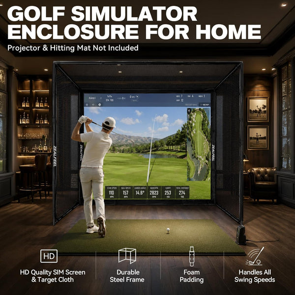 Golf Simulator Enclosure Designed for Indoor Practice, 10x8 Ft Steel Frame, HD Impact Screen, Foam Padding