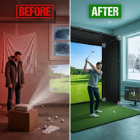 DIY Golf Simulator Impact Screen Frame Enclosure Kit Set, Use with Simulators, Durable Fabric with Velcro, Reinforced Black Border, 9.8'X9.8'X4.9' — Before & After
