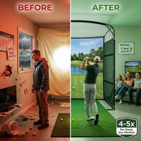 Golf Simulator Enclosure Kit Designed for Indoor Practice, 9.8x9.8x4.9 ft, 4K-Ready Impact Screen, Complete DIY Setup — Before & After