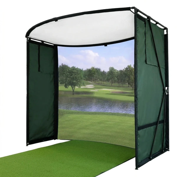 Golf Simulator Enclosure Kit Designed for Indoor Practice, 9.8x9.8x4.9 ft, 4K-Ready Impact Screen, Complete DIY Setup — Studio Shot