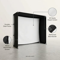 Golf Simulator Enclosure Kit Designed for Indoor Practice, 9.8x9.8x4.9 ft, 4K-Ready Impact Screen, Complete DIY Setup — infographic