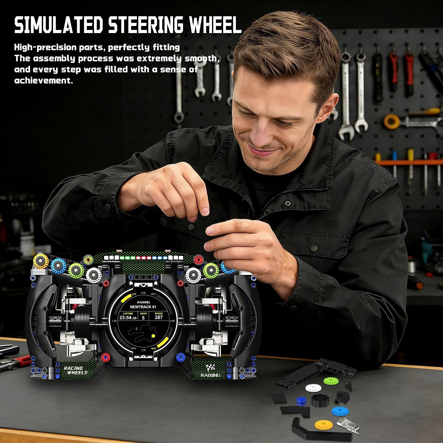 Racing Simulator Steering Wheel Building Set, Mechanical Formula Sim Cars Driving Collectible Model Kit with Moving Parts & Phone Holder for Boys 14+ Adults (Style 4)