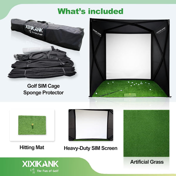 Golf Simulator Enclosure Designed for Home Practice, 8x8 Ft Tool-Free Setup, HD Impact Screen, Putting Turf